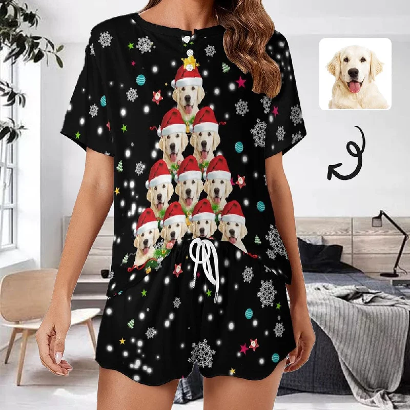 Custom Pet Face Christmas Dog Tree Black Pajama Set Women's Short Sleeve Top and Shorts Loungewear Athletic Tracksuits Fall pajama sets Custom Pet Face Christmas Dog Tree Black Pajama Set Women's Short Sleeve Top and Shorts Loungewear Athletic Tracksuits Fall pajama sets
