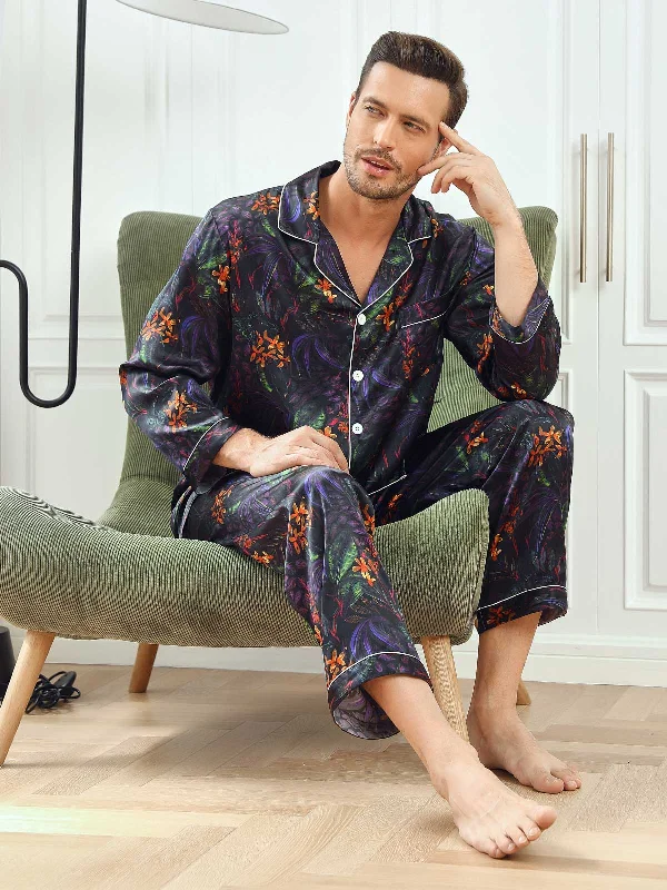 Pure Silk Floral Printed Lapel Men‘s Pajamas Softest pajama sets