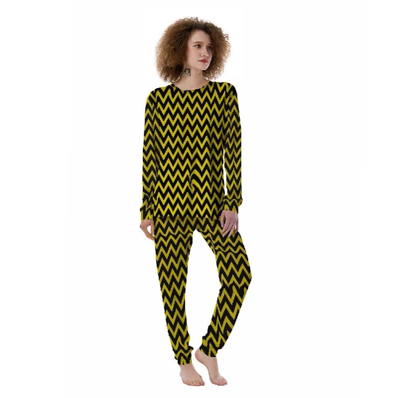 Zigzag Yellow And Black Print Pattern Women's Pajamas Cooling pajama sets