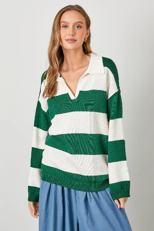 Hunter Green Wide Stripe Polo Sweater Silk-blend sweaters