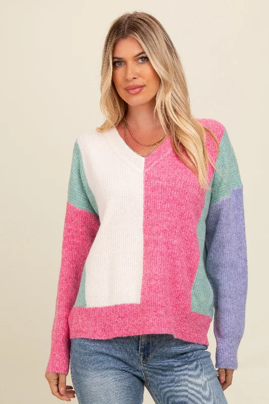 Pink Fuzzy Knit Colorblock Sweater Zip-up sweaters