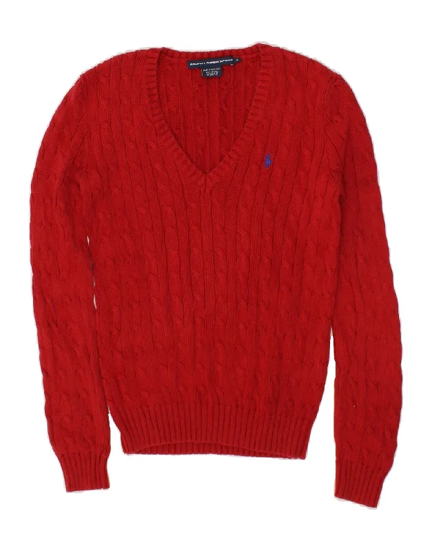 RALPH LAUREN Womens V-Neck Jumper Sweater UK 12 Medium Red Cotton Boho-style sweaters