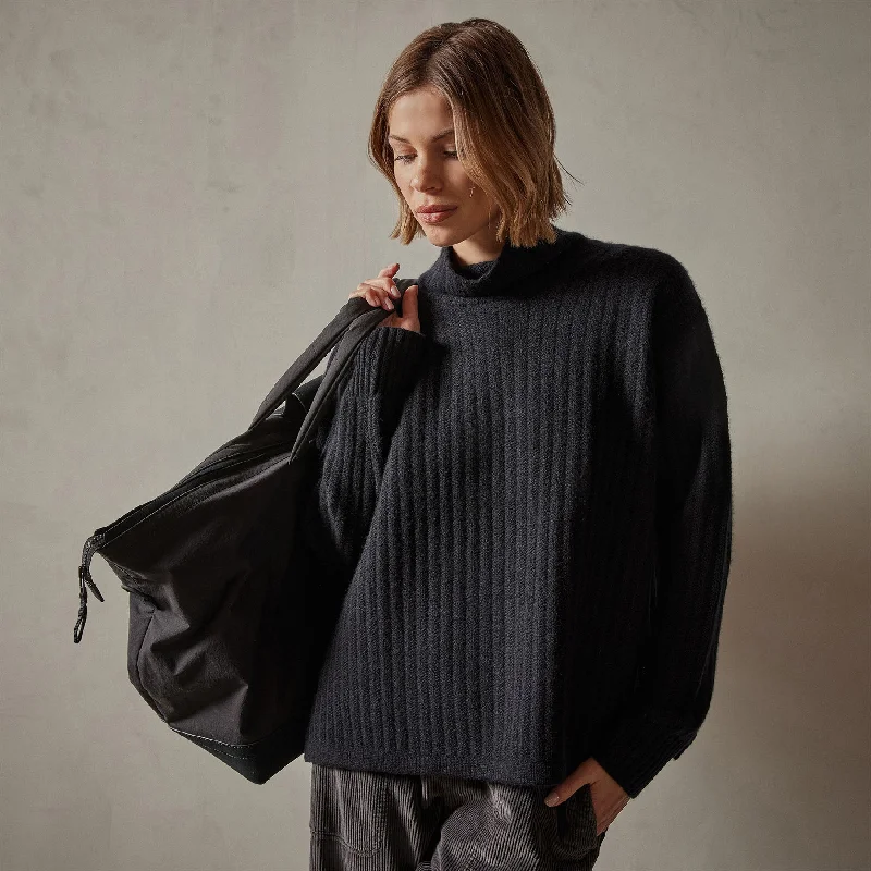 Ribbed Cashmere Funnel Neck - Black Cozy knit sweaters for winter