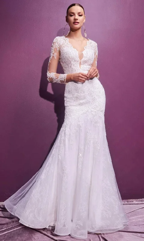 Cinderella Divine Bridals - CD951W Embroidered Long Sleeve Long Gown Lace A-line Dress