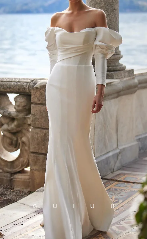 GW1013 - Sheath Off Shoulder Long Sleeeves Pleated Ruched Stain Wedding Dress with Train Strapless Wedding Gown GW1013 - Sheath Off Shoulder Long Sleeeves Pleated Ruched Stain Wedding Dress with Train Strapless Wedding Gown