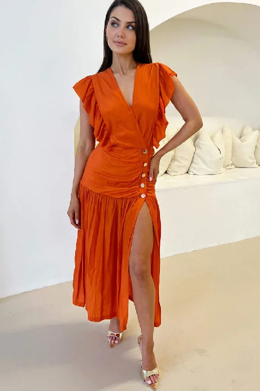 Camille Orange Frill Shoulder Dress Best midi dresses for summer vacation