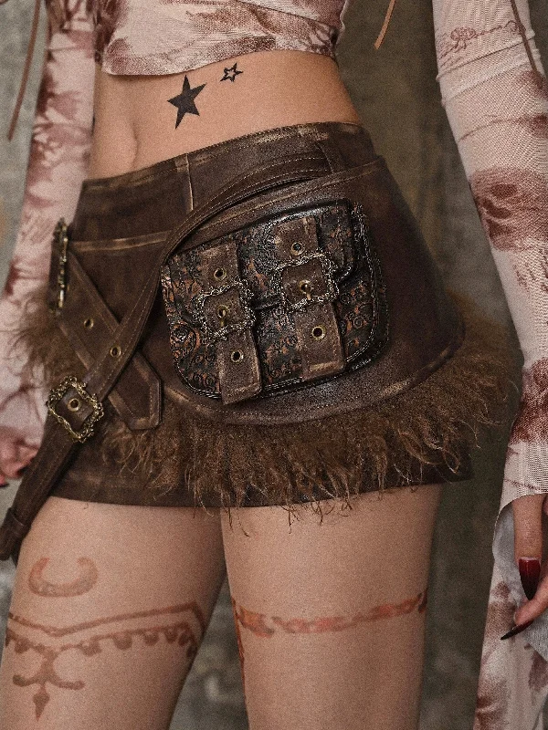 [Blood Supply] Vintage Punk Leather Mini Skirt Floral A-line Skirt