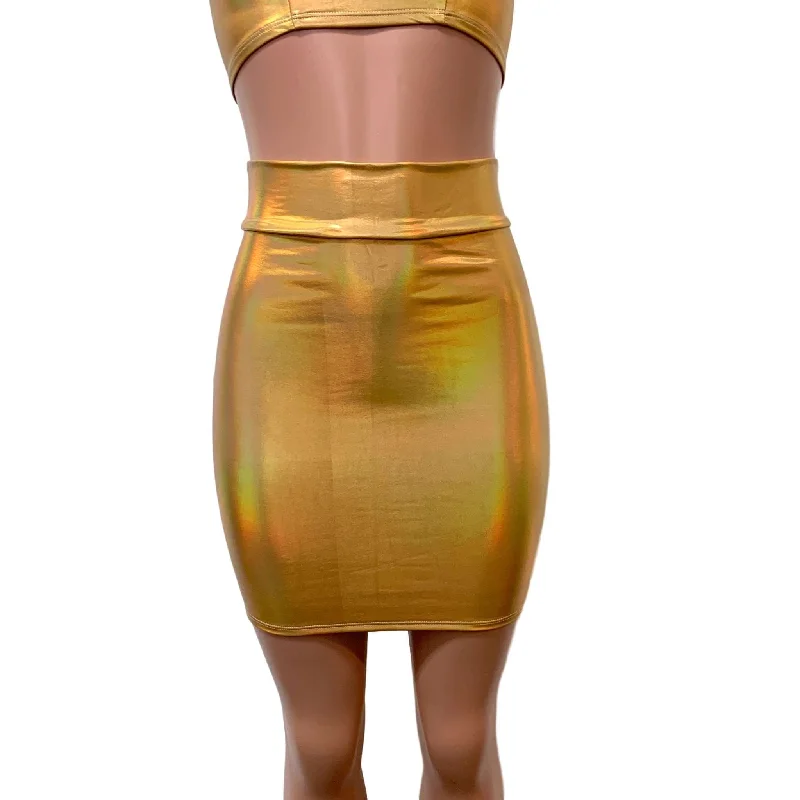 Gold Opal Holographic High Waisted Pencil Mini Skirt Soft Leather Skirt