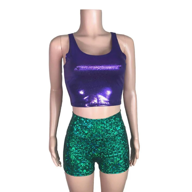 Mermaid Costume - green mermaid scales Booty Shorts and purple crop top outift - Clubwear, Rave Wear, Mini Circle Skirt Tie Waist Mini Skirt