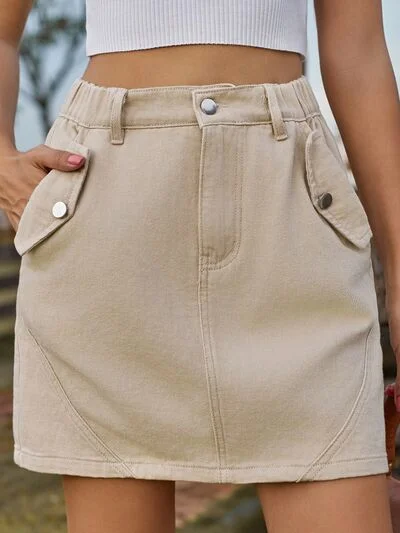 Pocketed Buttoned Mini Denim Skirt Bohemian Mini Skirt
