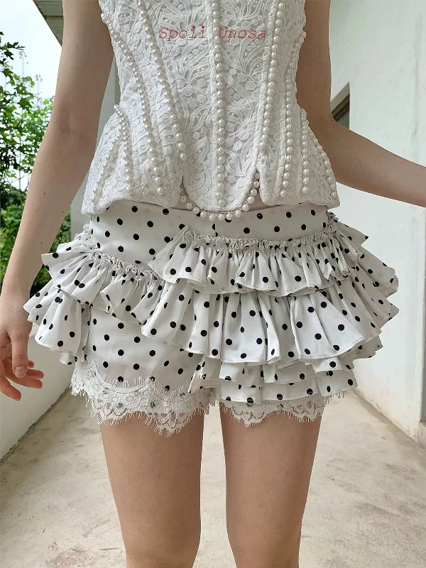 [SPOII UNOSA] Pearl Elegance Polka Mini Skirt Fitted Pleated Skirt