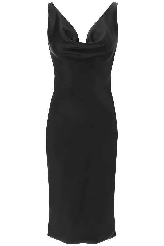Drape Neck Satin Dress  - Black Earthy tone unclassified dresses