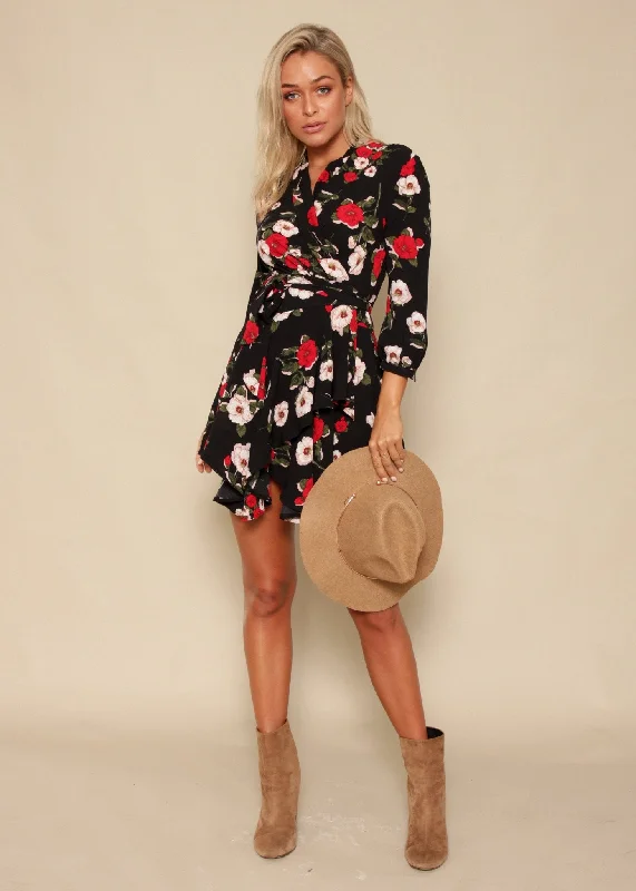 Against The Tide Wrap Dress - Black Floral Satin floral dresses
