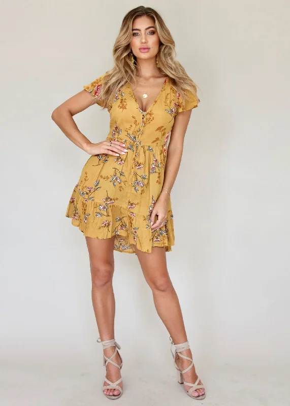 Aisha Swing Dress - Mustard Floral Comfortable floral dresses for everyday wear