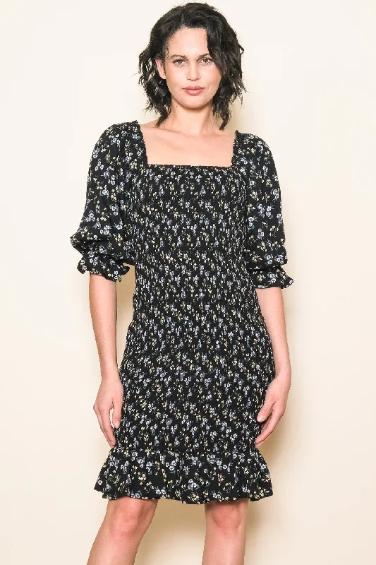 Black Floral Smocked Puff Sleeve Dress Organza floral dresses