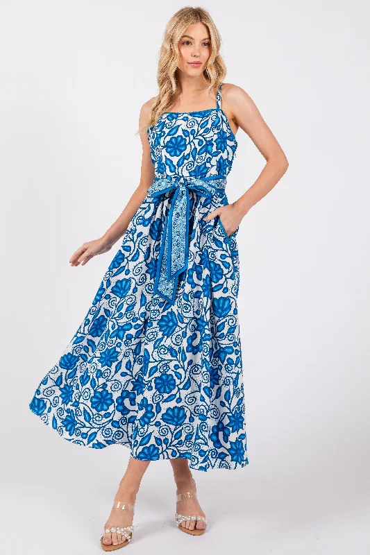 Blue Floral Crochet Accent Waist Tie Dress Lace floral dresses