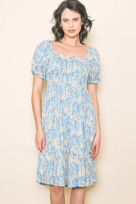 Blue Floral Puff Sleeve Smocked Chest Dress Best floral dresses for tall women