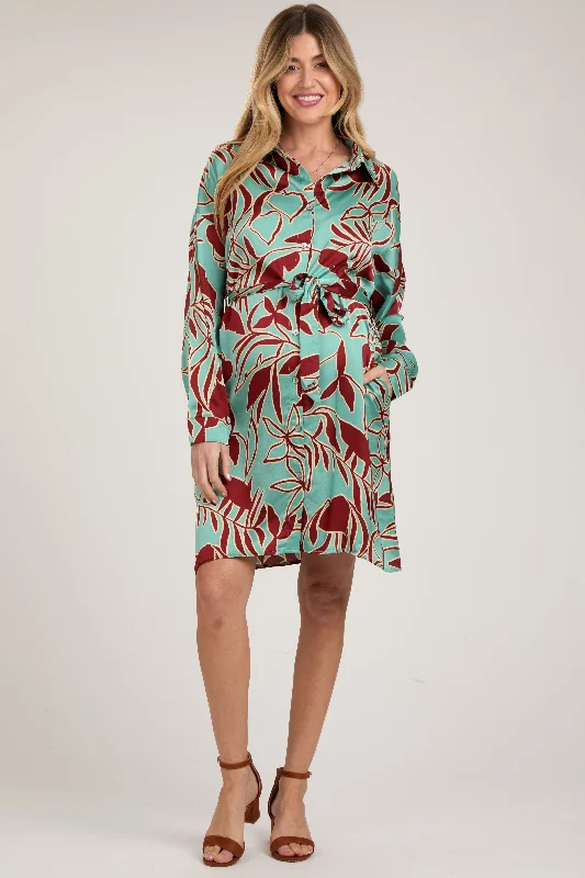Brown Leaf Print Satin Button Down Maternity Dress Shein floral dresses
