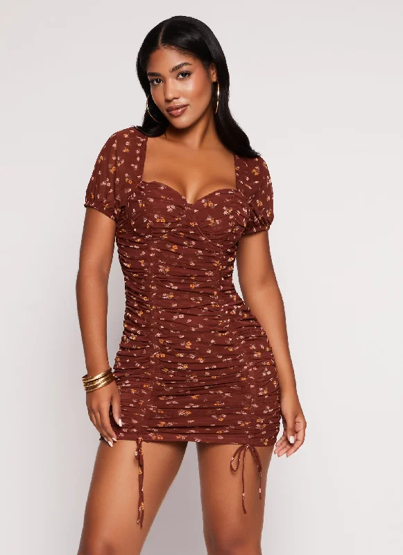 Mesh Floral Ruched Peasant Dress Chic floral dresses