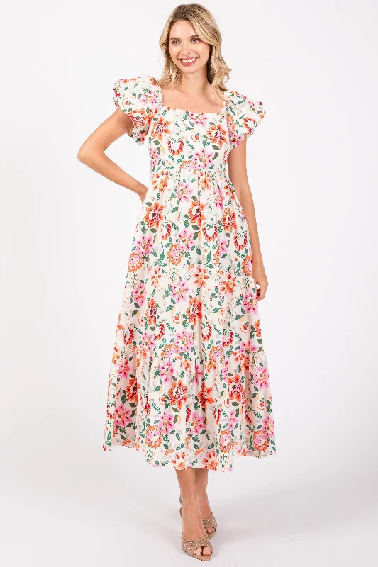 Cream Floral Square Neck Puffy Sleeves Dress Casual floral dresses
