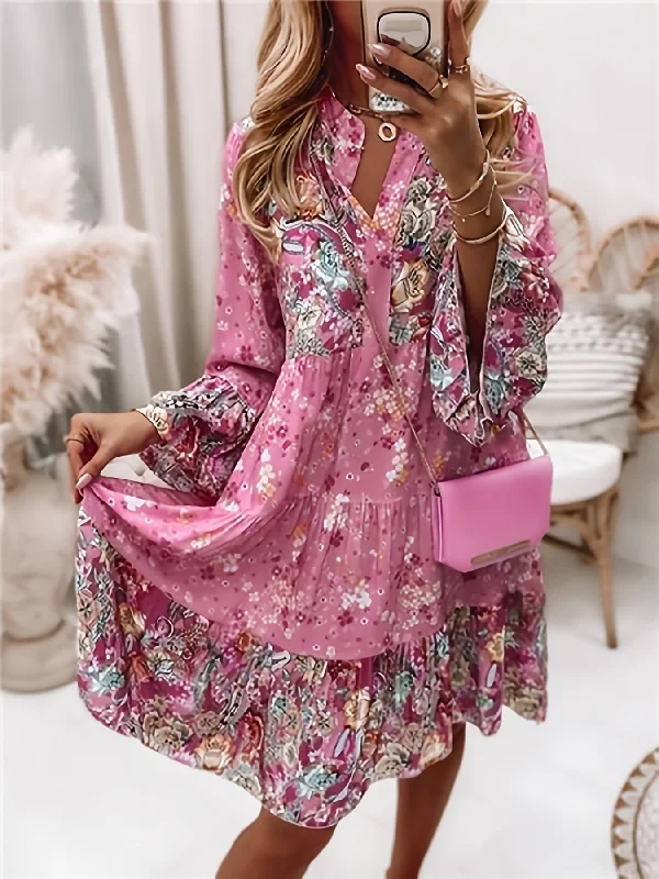 Floral Print Ruffle Hem Boho Holiday Long Sleeve V-neck Dress Brunch floral dresses