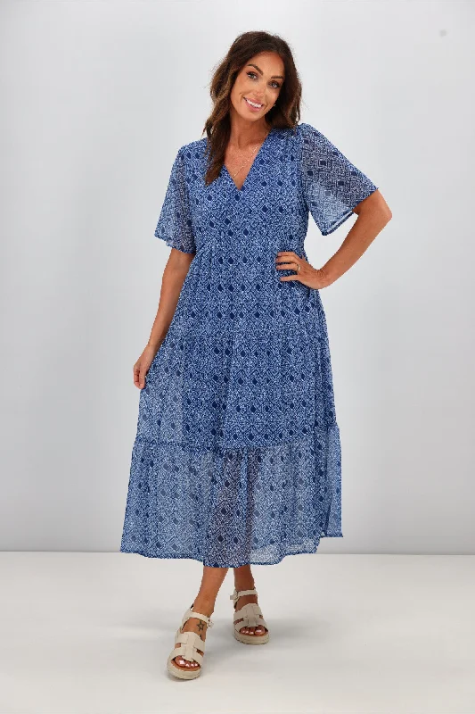 Gloss by Shine On Avonley Tiered Chiffon Dress Blue Diamond Print Lace floral dresses