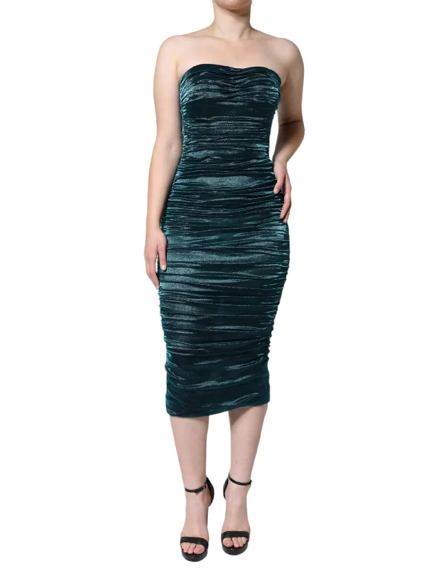 Green Silk Blend Satin Fitted Strapless Dress Sleeveless unclassified dresses