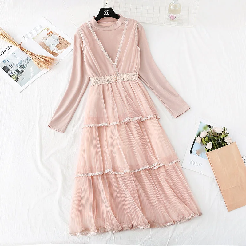Japanese gentle wind mesh dress two-piece set 4377 Lace unclassified dresses