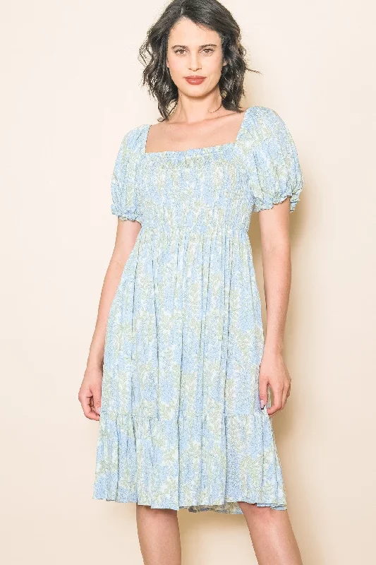Light Blue Floral Puff Sleeve Smocked Chest Dress Hot new arrivals in floral dresses