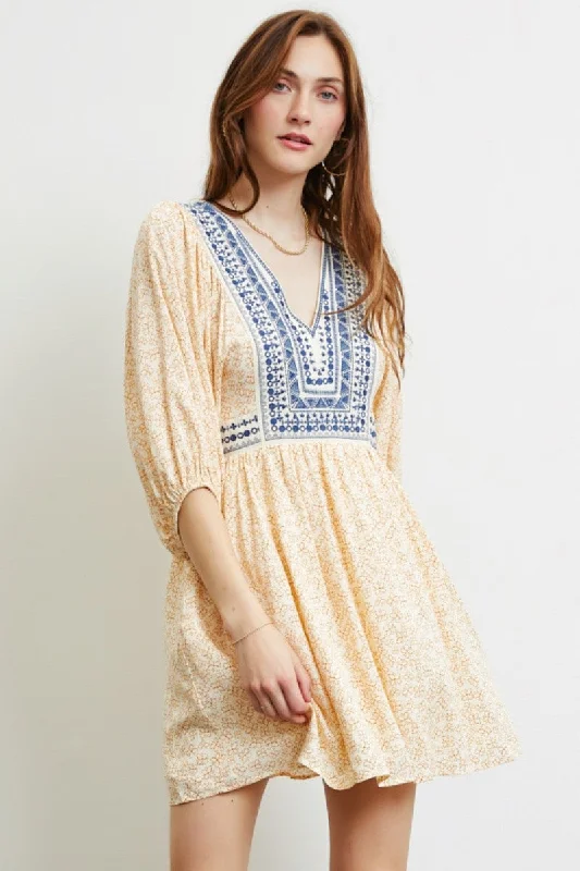 Peach Flattering Dress In Floral Print With Embroidery Brunch floral dresses