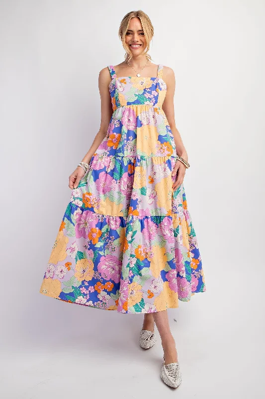 Royal Blue Multi-Color Floral Tiered Cutout Back Dress Floral dresses under $100