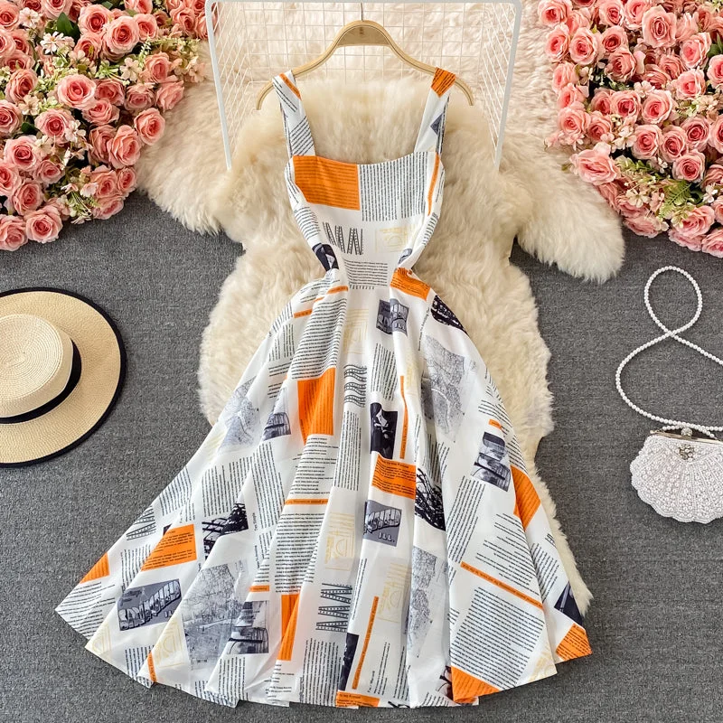 Slim temperament letter print large swing dress sleeveless 2900 Outdoor floral dresses Slim temperament letter print large swing dress sleeveless 2900 Outdoor floral dresses