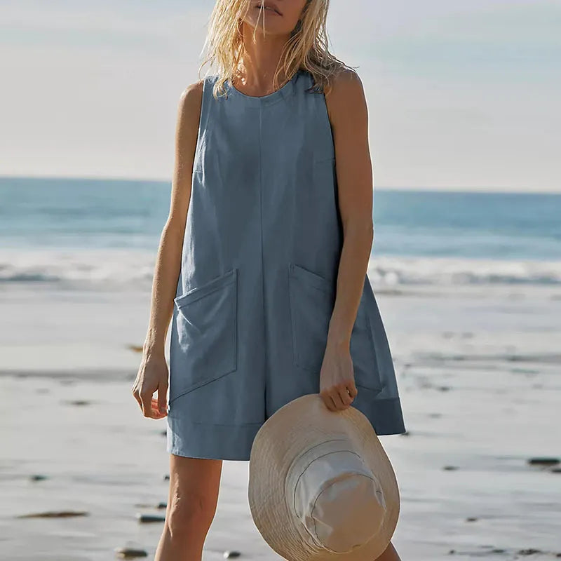 Summer Vacation Women Loose Sleeveless Pocket Rompers Short unclassified dresses