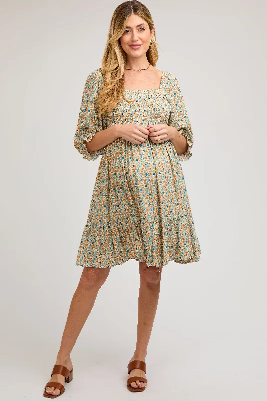 Taupe Floral Smocked Maternity Dress Flattering floral dresses for all body types