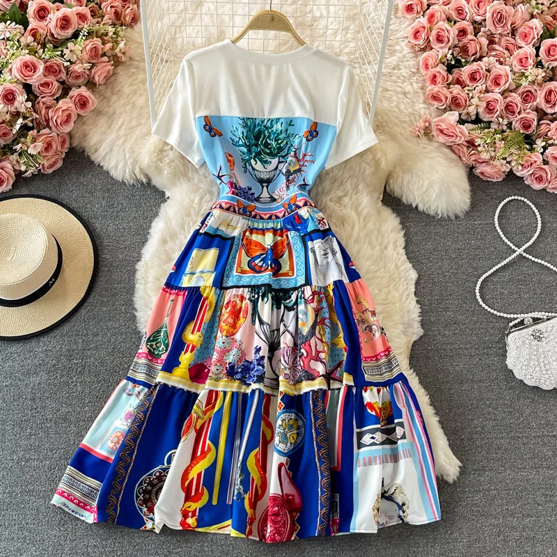Temperament slim waist print Crew Neck Dress  2901 A-line floral dresses