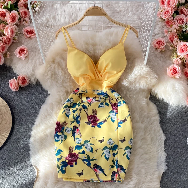 V-neck open back waist print stitching short Hip Wrap Dress  2833 Wedding floral dresses