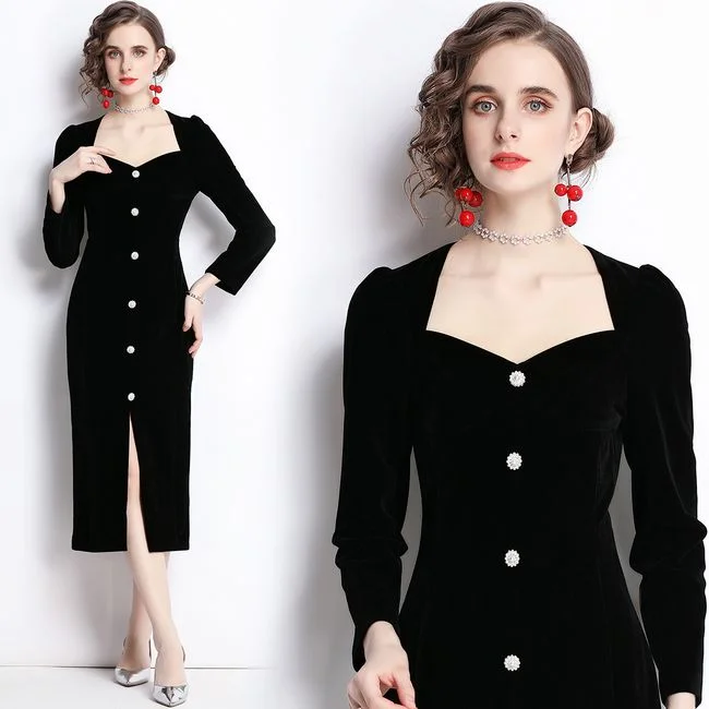 V-Neck Slim Fit Dress Black Velvet Fashion Travel unclassified dresses