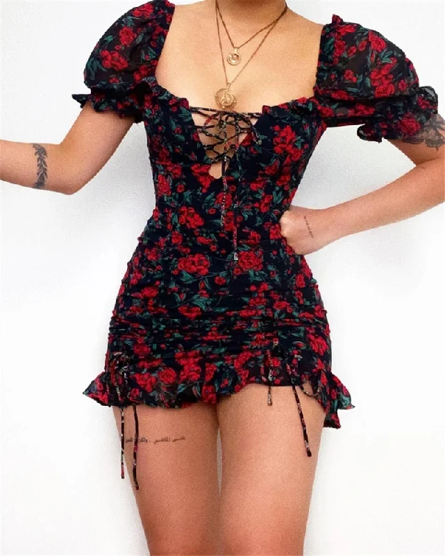 Amy Fashion - Vintage Floral Puff Sleeve Short Ruffles Dress Affordable floral dresses