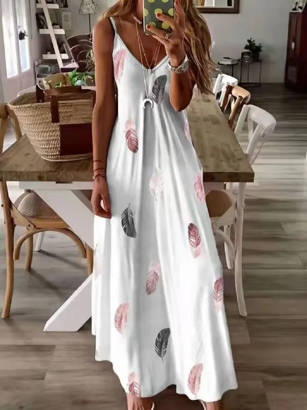 Women's Dresses Sleeveless Slim Fit Feather Print Low Cut V-Neck Sling Long Dresses Organza floral dresses Women's Dresses Sleeveless Slim Fit Feather Print Low Cut V-Neck Sling Long Dresses Organza floral dresses