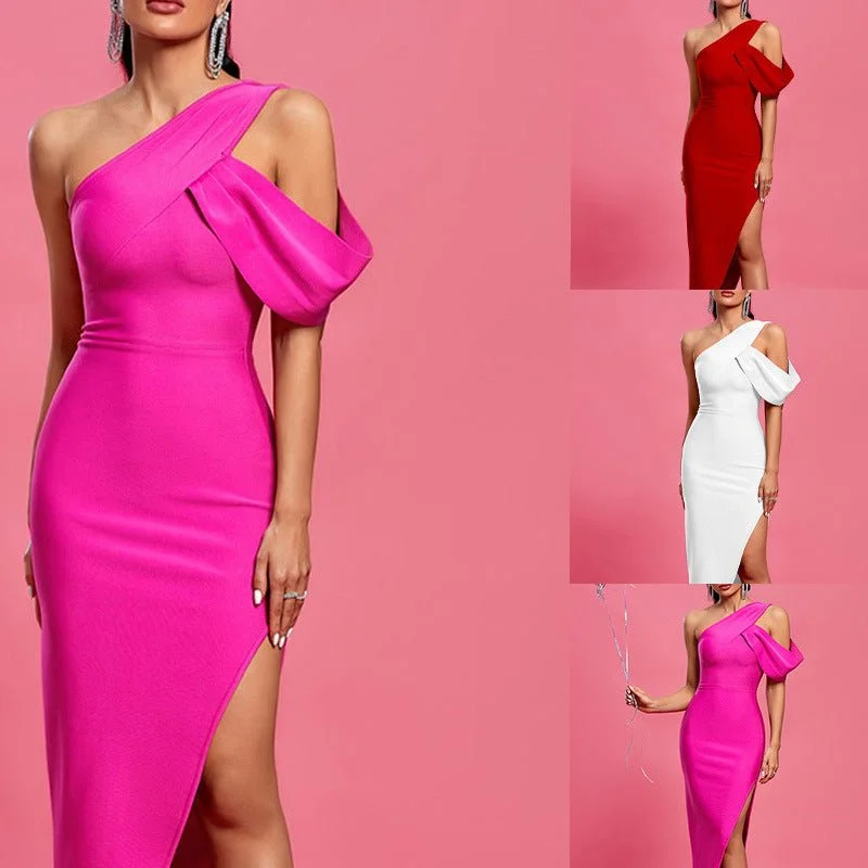 Women's Printed Diagonal Collar High Waist Slit Long Dress Bodycon floral dresses