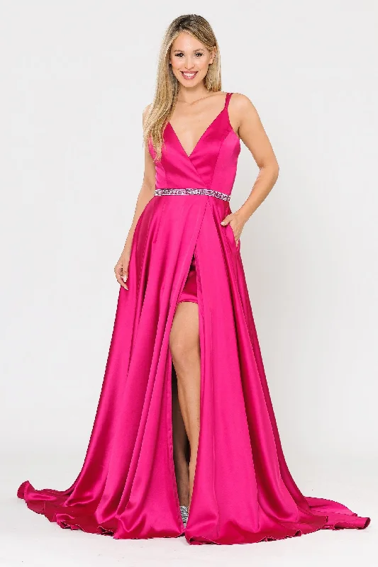 Long Satin V-Neck Dress with Short Skirt by Poly USA 8604 Soft Ruffled Maxi