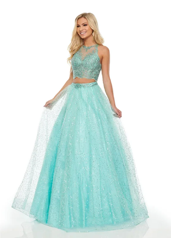 Rachel Allan 7025 Aqua Green 2 Piece Tulle Ballgown Dress Sparkling Tulle Dress