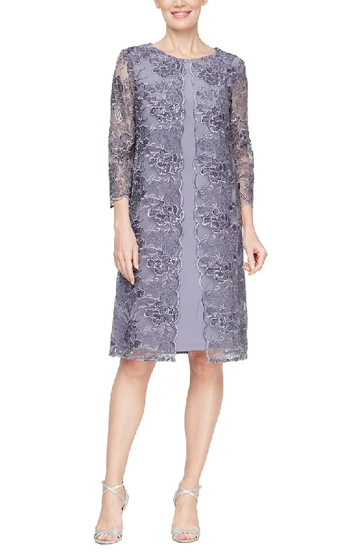 Short Stretch Tulle Embroidered Mock Jacket Dress with Attached Jacket and Illusion Sleeves A-line Tulle Gown