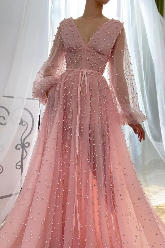 A-line V-neck Beaded Tulle Floor-length Long Sleeve Classy Prom Dress Tulle Dress Trendy A-line V-neck Beaded Tulle Floor-length Long Sleeve Classy Prom Dress Tulle Dress Trendy